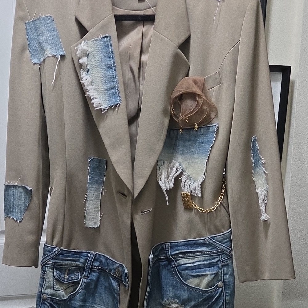 Unique Beige and Denim Patchwork Blazer - image 4